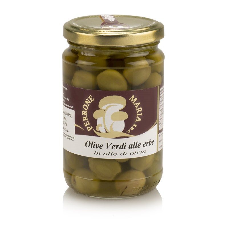 Green olives with herbs in olive oil